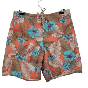 Patagonia Mens Board Shorts 34 Orange Tropical Floral Hibiscus Swim Trunks Nylon